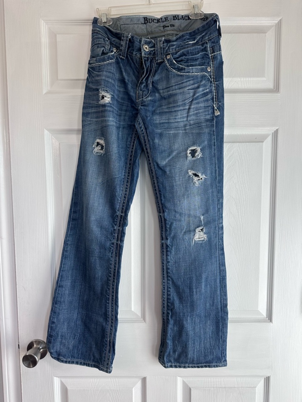 Buckle Men's Blue Bootcut Jeans with Distressed Details